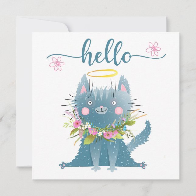Funny Cat mit Blume Hello Card Dankeskarte (Vorderseite)