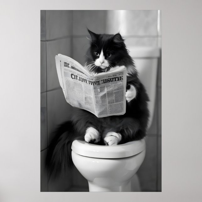 Funny Cat Newspaper Print, Whimsical Bathroom Wall Poster (Vorne)