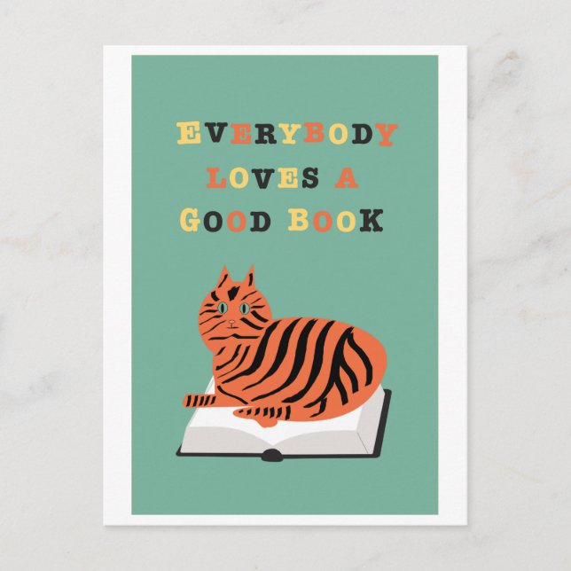 Funny Cat on Book Illustration Postcard Postkarte (Vorderseite)