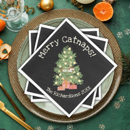 Funny Cat on Chistmas Tree Merry Catnaps! Schwarz Serviette