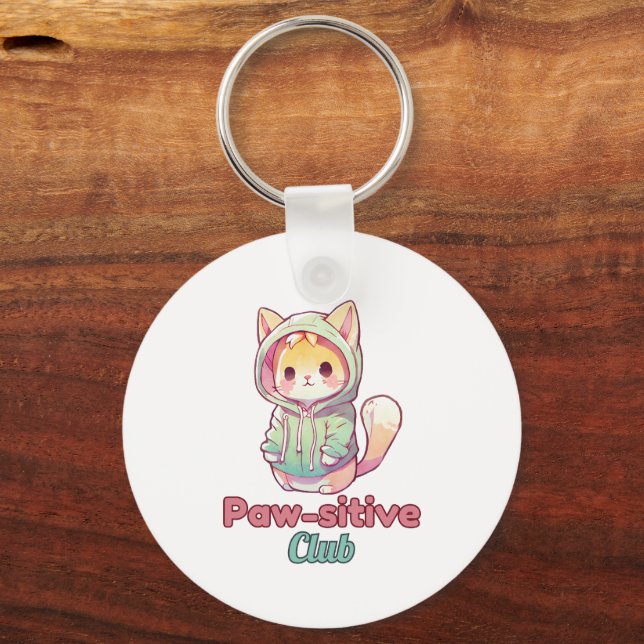 Funny Cat Paw‑sitive Club – Cute Hoodie Kitty Schlüsselanhänger (Vorderseite)