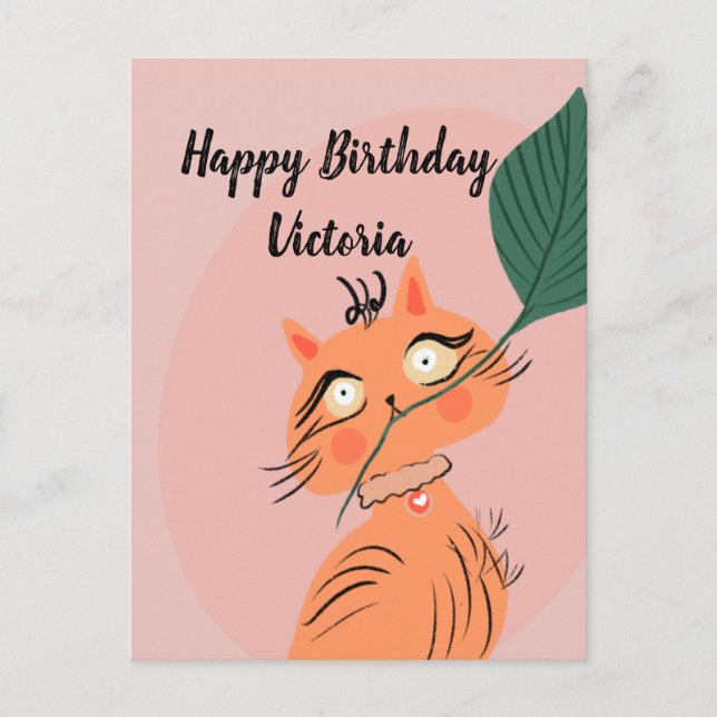 Funny Cat Pflanze Leaf Cartoon Geburtstag Postkarte (Vorderseite)