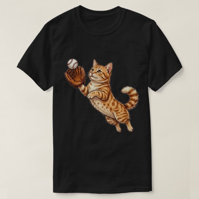 Funny Cat Playing Baseball Kitty Catching Ball T-Shirt (Design vorne)
