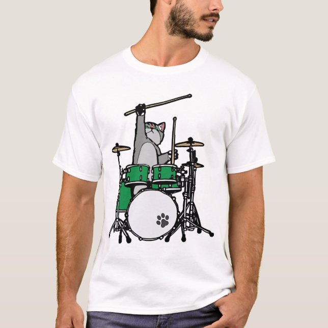 Funny Cat Playing Drums, Cat Drummer, Drummer Gift T-Shirt (Vorderseite)