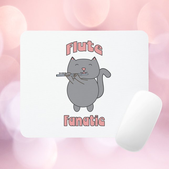 Funny Cat Playing Flute Music Lover Musician Carto Mousepad (A mousepad featuring a gray cat playing the flute with the words Flute Fanatic in pink.)