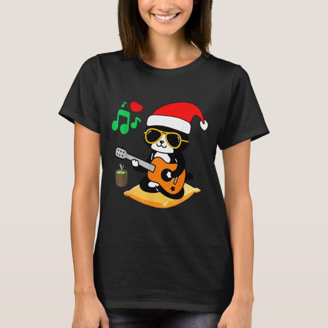 Funny Cat Playing Guitar Sungles Santa Hat Christm T-Shirt (Vorderseite)