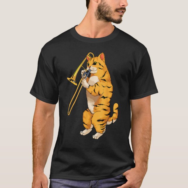 Funny Cat Playing Trombone Geschenk Coole Kitten M T-Shirt (Vorderseite)