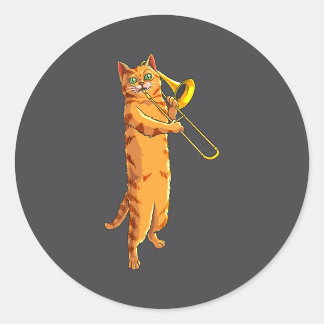 Funny Cat Playing Trombone Gift Cool Kitten Musici Runder Aufkleber (Vorderseite)