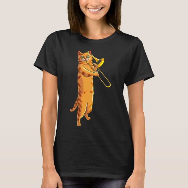 Funny Cat Playing Trombone Gift Cool Kitten Musici T-Shirt (Vorderseite)