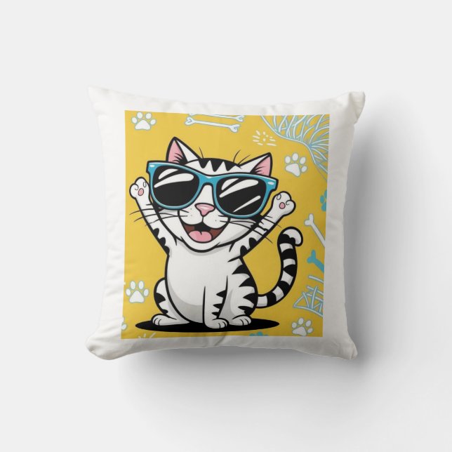 Funny Cat Poster, Cartoon Katze mit Sonnenbrille Kissen (Vorderseite)