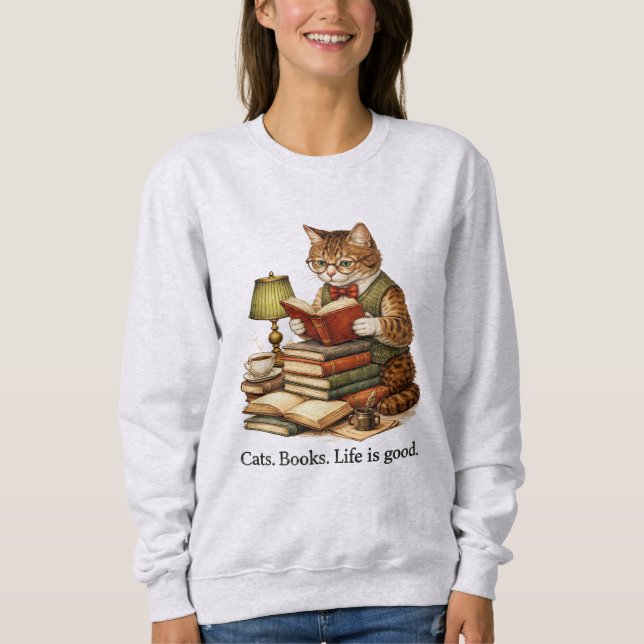 Funny Cat Reading Books Sweatshirt – Retro Design (Vorderseite)