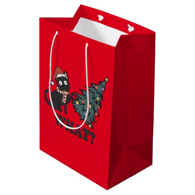 Funny Cat Red Christmas Medium Geschenktasche Mittlere Geschenktüte (Rückseite Schrägansicht)