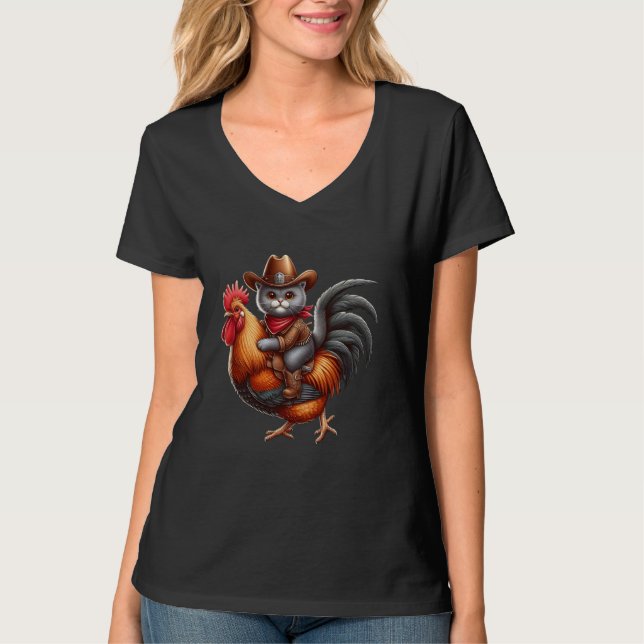 Funny Cat Riding Rooster Cowboy Rodeo Cat Riding C T-Shirt (Vorderseite)