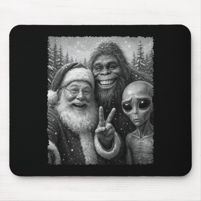 Funny Cat Santa Bigfoot Alien Christmas Selfie Tee Mousepad (Vorne)
