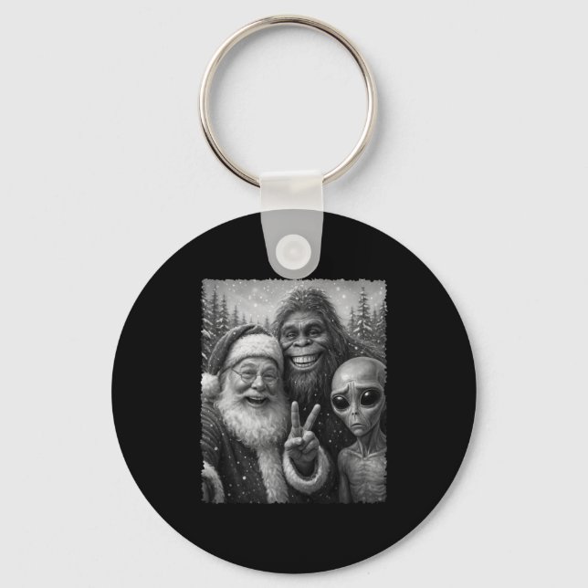 Funny Cat Santa Bigfoot Alien Christmas Selfie Tee Schlüsselanhänger (Vorderseite)