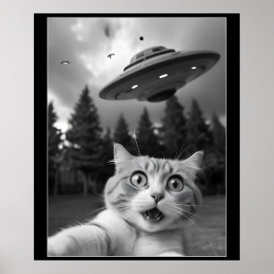 Funny Cat Selfie mit UFO Alien Drones Poster
