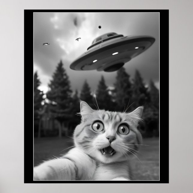 Funny Cat Selfie mit UFO Alien Drones Poster (Vorne)