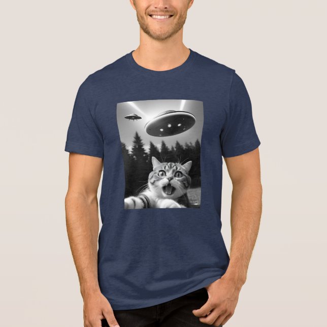 Funny Cat Selfie mit UFO Alien Drones Tri-Blend Shirt (Vorderseite)