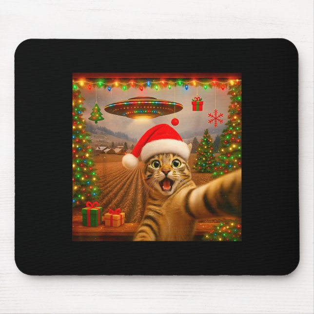 Funny Cat Selfie With Alien Ufo Christmas Lights S Mousepad (Vorne)