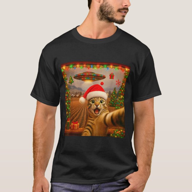 Funny Cat Selfie With Alien Ufo Christmas Lights S T-Shirt (Vorderseite)