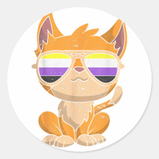Funny Cat Sonnenbrille Nicht binäre Flag LGBT Prid Runder Aufkleber