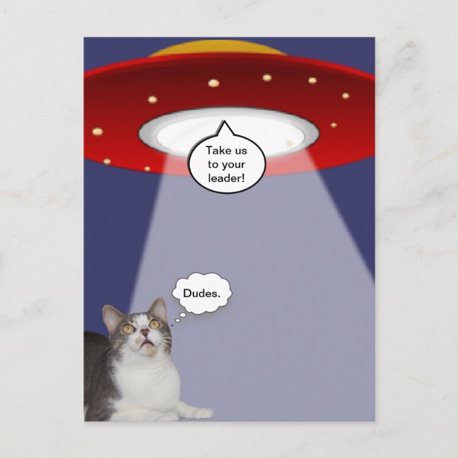 Funny Cat & Spaceship Postkarte (Vorderseite)