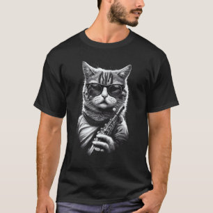 Funny Cat tragen Sonnenbrille spielen Klarinette M T-Shirt