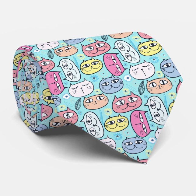 Funny Cat und Kitten Faces Blue Krawatte (Gerollt)