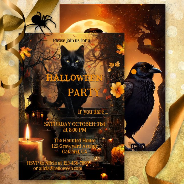 Funny Cat und Raven Halloween-Party Einladung (Halloween party invitation featuring a cute black cat in a  graveyard scene with a festive candle)