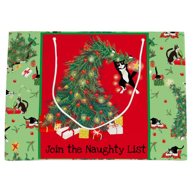 Funny Cat und Weihnachtsbaum Trouble Custom Green Große Geschenktüte (Vorderseite)