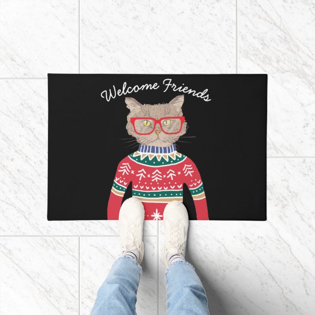 Funny Cat Wearing Brille, Ugly Christmas Sweater Fußmatte (Indoor)