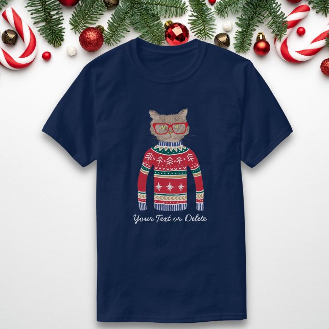Funny Cat Wearing Brille, Ugly Christmas Sweater T-Shirt (Von Creator hochgeladen)