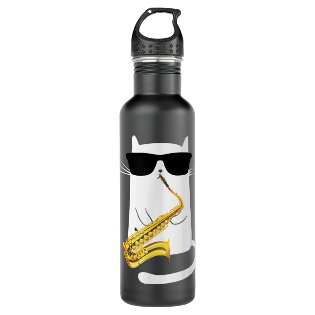 Funny Cat Wearing Sonnenbrille Saxophon spielen Edelstahlflasche (Vorderseite)