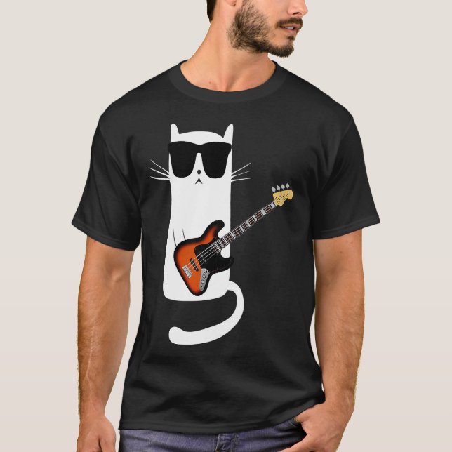 Funny Cat Wearing Sonnenbrille spielen Bass Gitarr T-Shirt (Vorderseite)