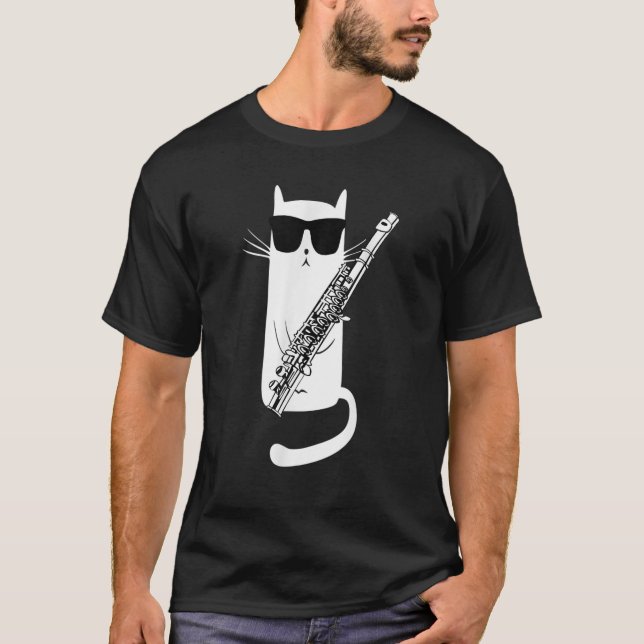 Funny Cat Wearing Sonnenbrillen Playing Flute Musi T-Shirt (Vorderseite)