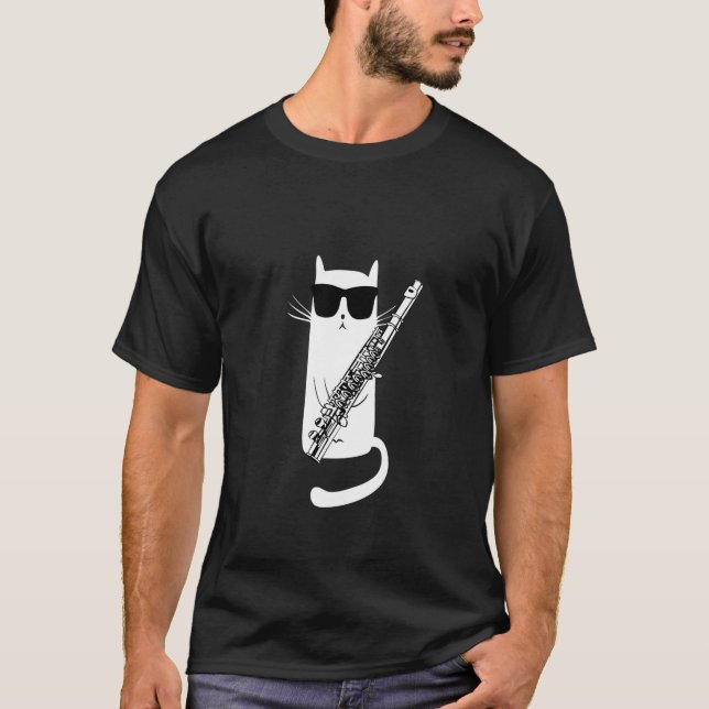 Funny Cat Wearing Sonnenbrillen Playing Flute T Sh T-Shirt (Vorderseite)