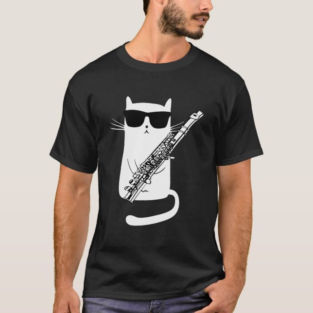 Funny Cat Wearing Sonnenbrillen Playing Flute T-Shirt (Vorderseite)