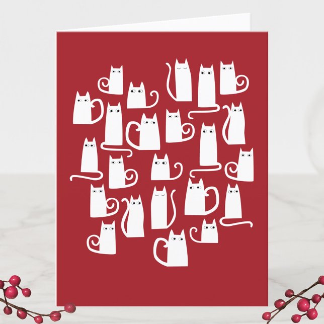 Funny Cat Weihnachtskarte Feiertagskarte (Red and white cat fun holiday card)