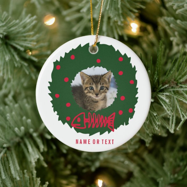 Funny Cat Weihnachtskranz mit dem Foto deiner Katz Keramik Ornament (Baum)