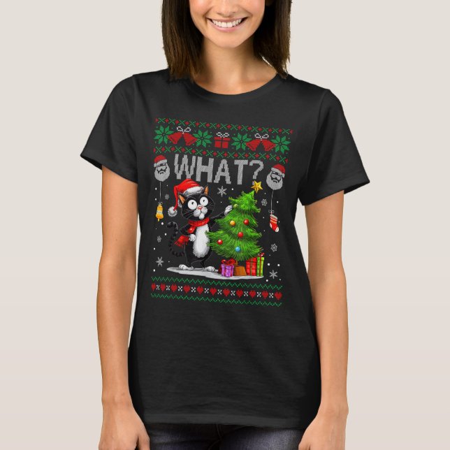 Funny Cat What Black Cat Christmas Tree Ugly Xmas  T-Shirt (Vorderseite)