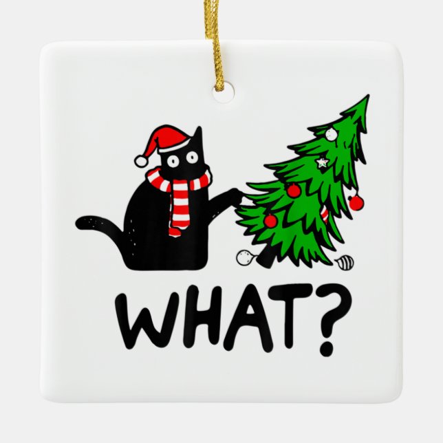 Funny Cat What Black Cat Pushing Christmas Tree T- Keramikornament (Vorderseite)