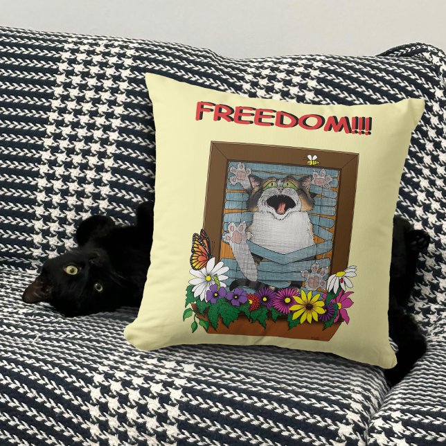 Funny Cat Window Yellow Freedom Kissen (Von Creator hochgeladen)