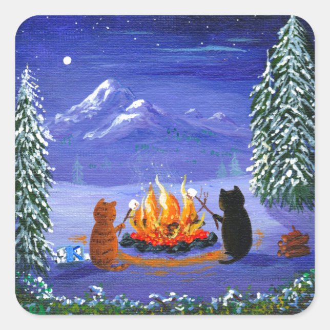 Funny Cat Winter Cartoon Kreationarts Quadratischer Aufkleber (Vorderseite)