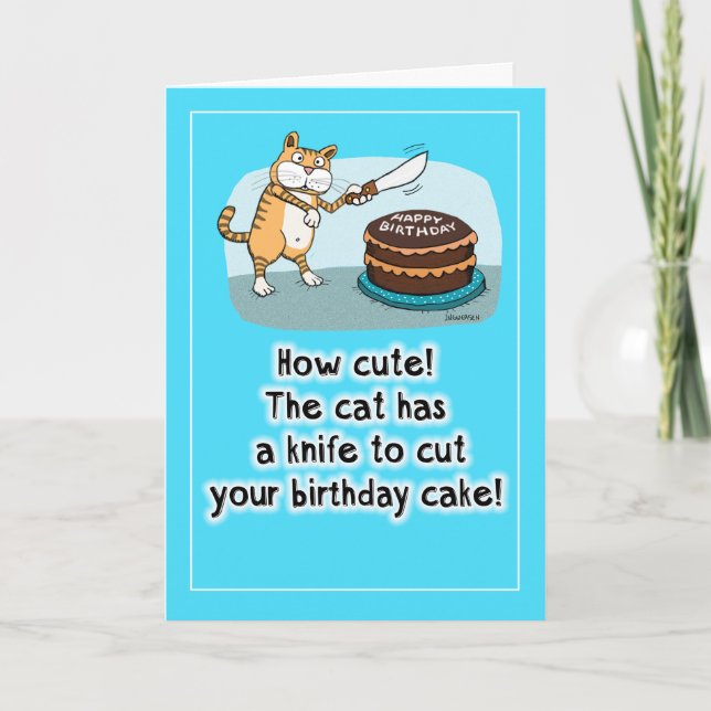 Funny Cat with Knife Birthday Card Karte (Vorderseite)