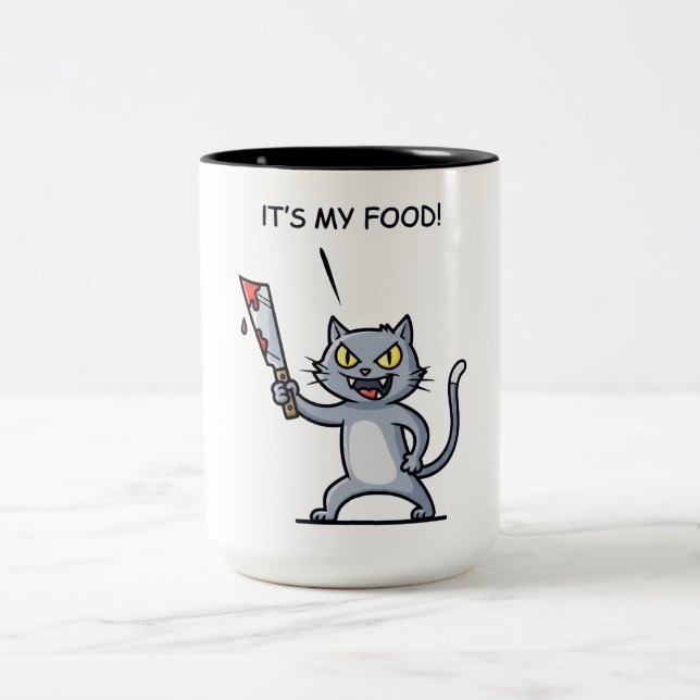 Funny Cat with Knife Zweifarbige Tasse (Mittel)