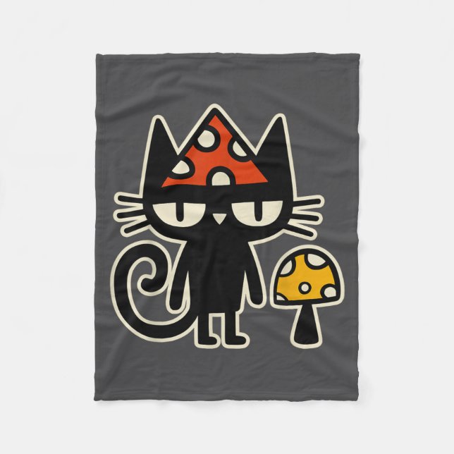Funny Cat With Mushroom Hat Black Cat With Toadsto Fleecedecke (Vorderseite)