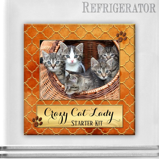 Funny Cats Crazy Cat Lady Foto Magnet (Photo magnet featuring your cat photo framed by a Moroccan quatrefoil gold print with cute paws)