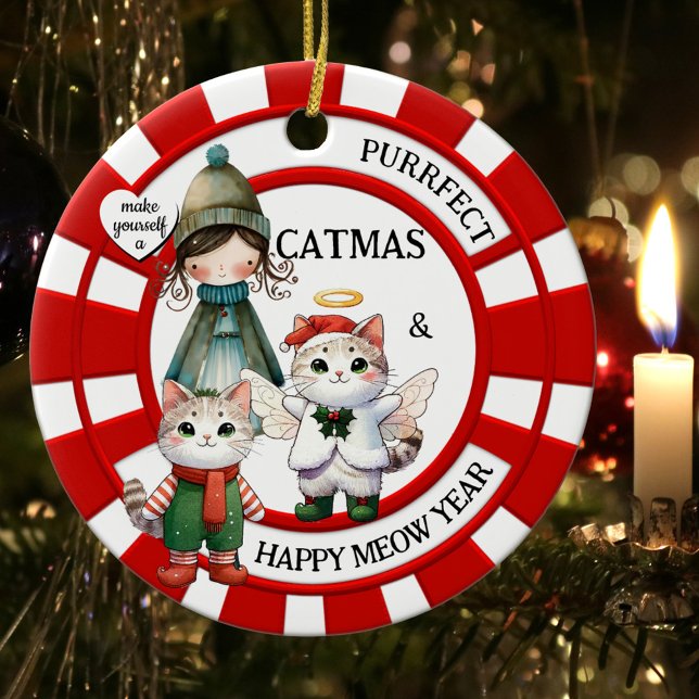 Funny Cats Crazy Cat Lady Niedliche Weihnachten Keramik Ornament (Colorful Christmas ornament featuring illustrations of a cute cat angel, kitty and crazy cat lady.)