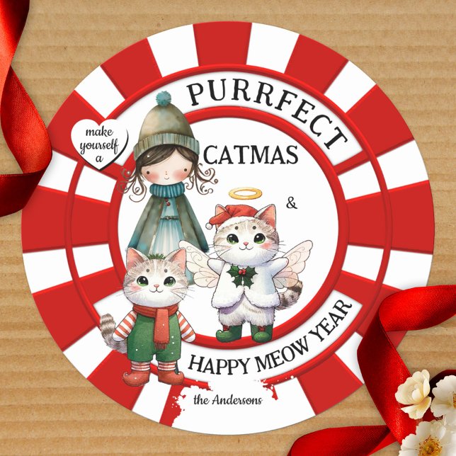 Funny Cats Crazy Cat Lady Niedliche Weihnachten Runder Aufkleber (Colorful Christmas sticker featuring illustrations of a cute cat angel, kitty and crazy cat lady)