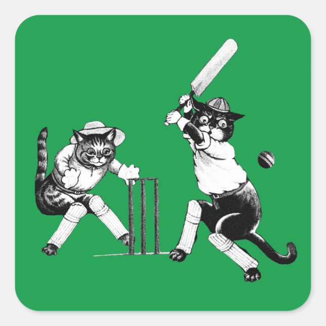 Funny Cats, die Cricket spielen Quadratischer Aufkleber (Vorderseite)